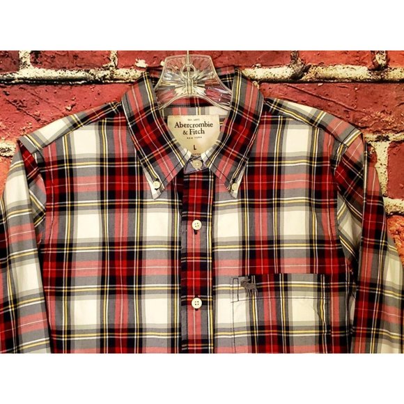 Abercrombie & Fitch AF Button Down Long Sleeved Red Plaid Muscle Shirt Large L - Picture 2 of 15